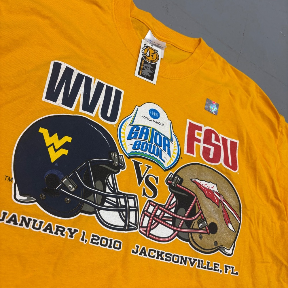 Port and Company 2010 Gator Bowl WVU vs FSU Yellow Graphic T-Shirt XL NWT